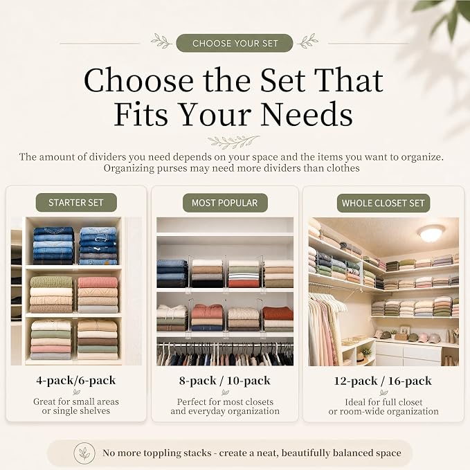 SortNStore Shelf Dividers Purse Organizer for Closet: 6-pack Acrylic Bag Storage Organizer for Handbags, Clutches, Clothes, Sweater, Towel on Wood Shelves