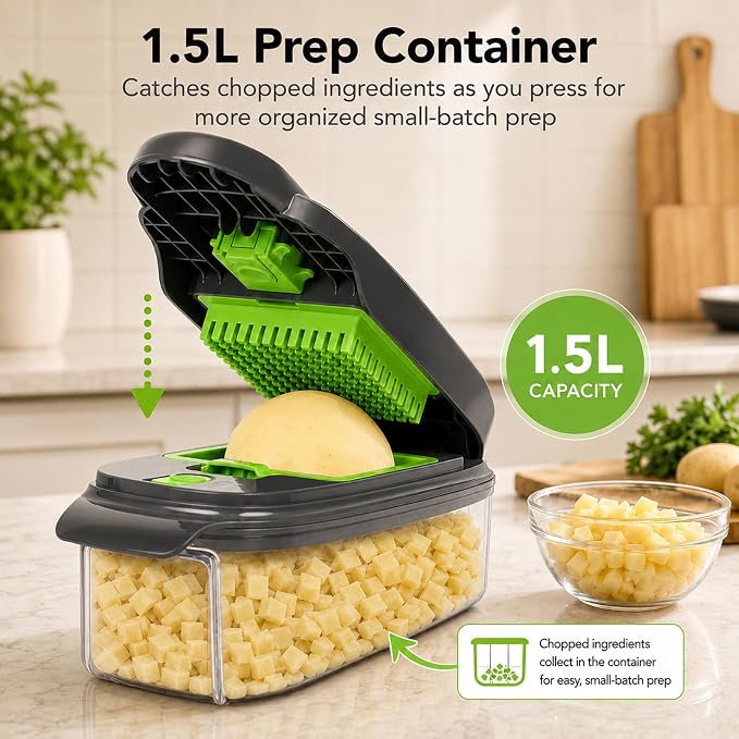 AAISHUJIE 2-in-1 Vegetable Dicer, Onion Chopper, 1.5L Container, Gray Green | Two dicing sizes for everyday onionsand salad prep