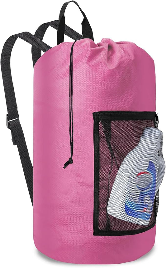 Laundry Bag Backpack Durable Laundry Bag with Shoulder Straps and Mesh Pockets Portable Laundry Hamper Dirty Clothes Bag for College, Travel, Laundromat, Apartment (Pink)