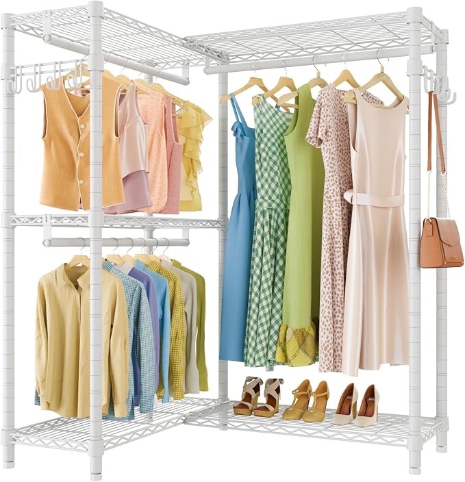 VIPEK L4 Clothes Rack L Shaped Garment Rack for Corner, 810lbs Heavy Duty Portable Closet Metal Clothing Rack, Adjustable Shelving/Sturdy Hanging Rods/Side Hooks, White
