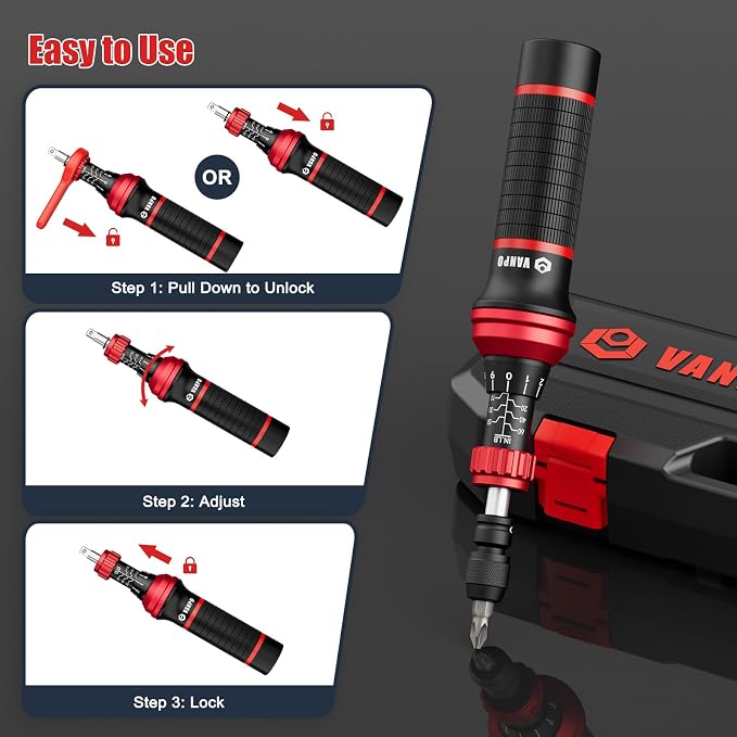 VANPO Torque Screwdriver, 10-60 In-lb, 24 Piece, Click Style for Gunsmith | 1 in-lb Increment, Grip ergonomics, 1/4 Inch Torque Wrench Screwdriver Set with S2 Bits for Electronics, Bike & DIYer