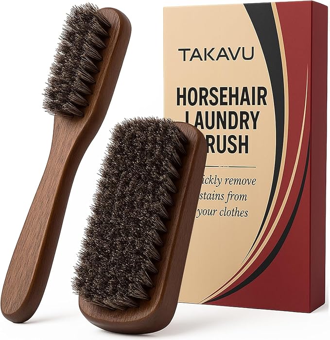 TAKAVU Horse Hair Laundry Brush Set of 2, Soft Natural Bristle | Horsehair Stain & Scrub Brush for Clothes, Fabric & Upholstery, Gentle on Knits, Cotton & Linen, Washable