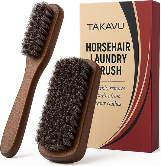 TAKAVU Horse Hair Laundry Brush Set of 2, Soft Natural Bristle | Horsehair Stain & Scrub Brush for Clothes, Fabric & Upholstery, Gentle on Knits, Cotton & Linen, Washable
