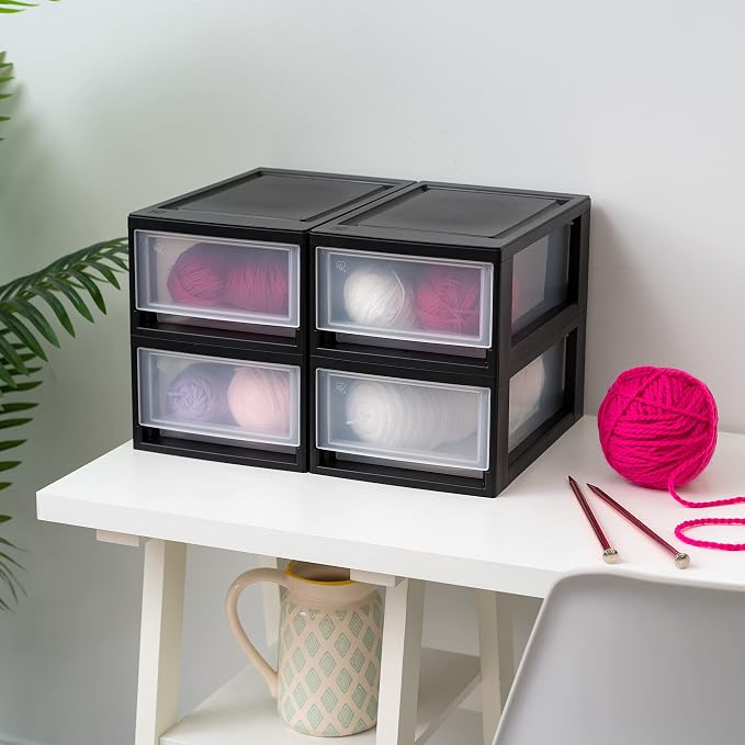 IRIS USA 4-Pack, 6 Qt. Small Stacking Drawer Storage Organizer, Black | Keep craft supplies, accessories, office items, and small essentials organized around your home for easy everyday storage