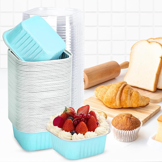 60Pack 5oz Blue Mini Cake Pans with Lids and Spoons Baking Cups Aluminum Foil Pans Tins, Individual Dessert Cups Containers for Sales,Party,Picnics