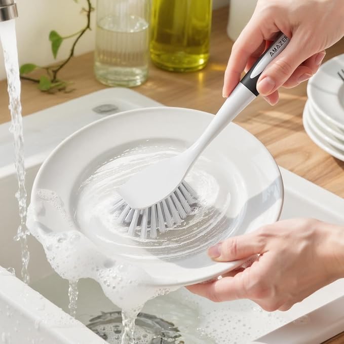 Amazer Dish Brush with Handle, 2 Pack Kitchen Scrub Brushes for Cleaning, Dish Scrubber with Stiff Bristles for Sink, Pots, Pans