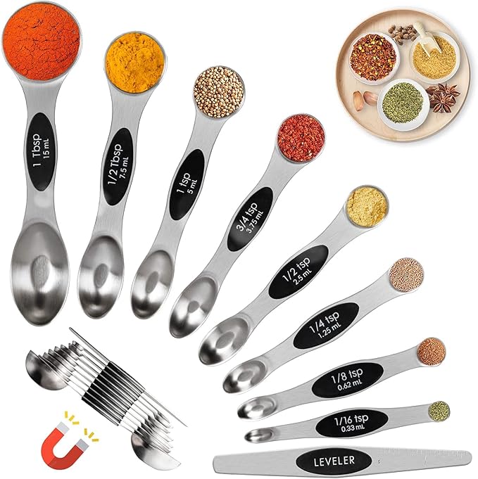 19-Pc Magnetic Measuring Cups and Spoons Set, with Lid, Black | Includes 1 cover, 9 stackable cups set & 9 black magnetic spoons, BPA-free & dishwasher safe, for liquid and dry baking