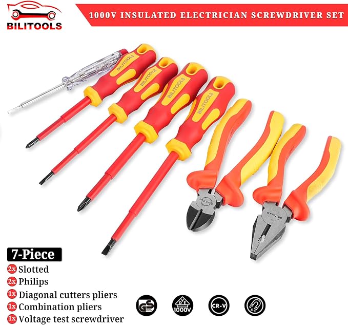 BILITOOLS 1000V Insulated Electrician Screwdriver & Pliers Set - 7pcs Electrical Tools Kit with Magnetic Phillips, Slotted Screwdrivers, VDE & GS Certified