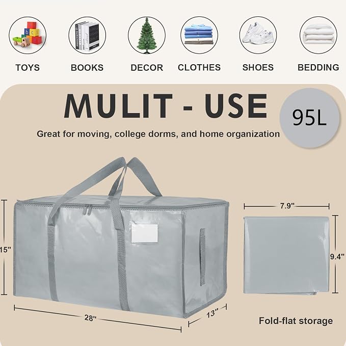 16 Pack-Extra Large Heavy Duty Moving Bags - Waterproof Storage Totes with Handles & Zippers, Foldable for College Dorm, Storage (light gray)