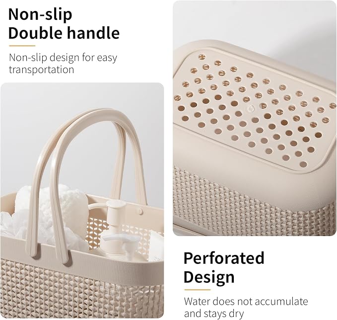 Plastic Protable Shower Caddy Basket, Storage Organizer with Handle, Beige | Bottom Drain Holes, Keep Dry, Sturdy and Durable, Easy to Carry for Bathroom, Kitchen, Dorm Room, RV, College
