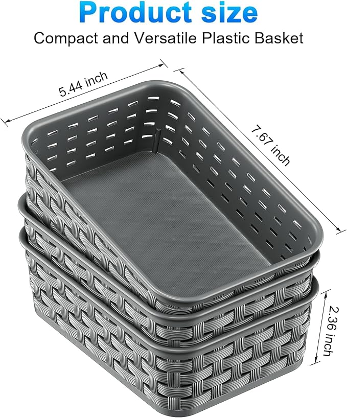 3 Pack Small Plastic Basket, Storage Bin Baskets for Organizing, Pantry Organizer Household Wicker Storage for Laundry Room, Bedrooms, Kitchens, Cabinets, Countertops, Dark Gray