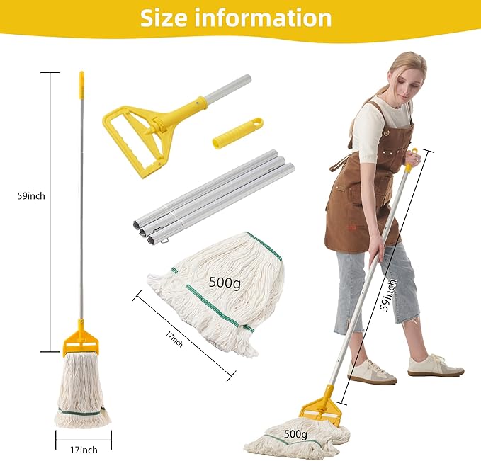 Midoneat Commercial Heavy Duty Industrial Mop with Long Handle,59" Looped-End String Wet Cotton Mops for Floor Cleaning, Including Three mop Head Replacement