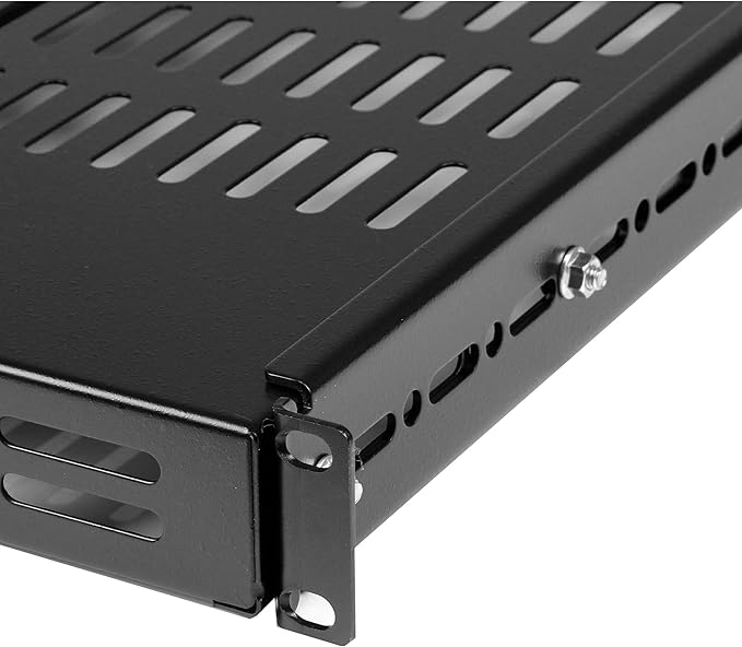 StarTech 1U Adjustable Vented Rack Shelf, 19in, 175lb, TAA (ADJSHELF) | 19.5-38in adjustable mounting depth, 27.5in deep universal tray, SPCC steel, Maximizes airflow