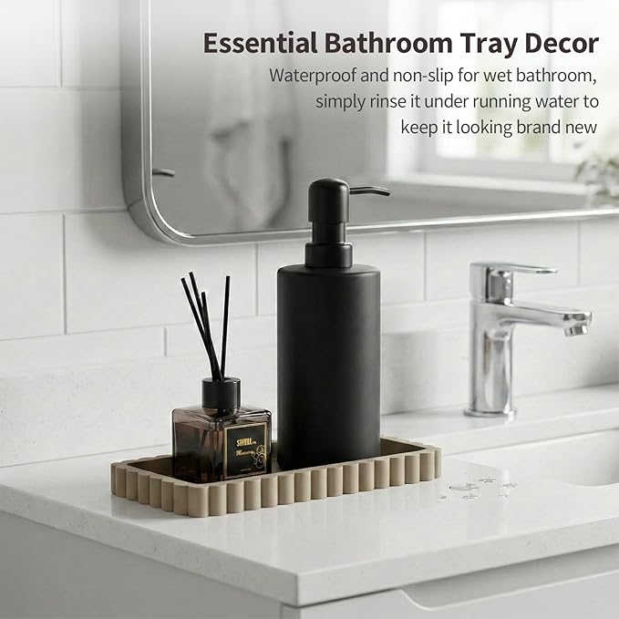 Small Silicone Bathroom Vanity Tray, Sink Caddy for Dish Soap Dispenser, Sponge Holder for Kitchen Sink, Rectangle Bathroom Countertop Organizer for Perfume, Jewelry, Candle (7.9” * 4”, Khaki)