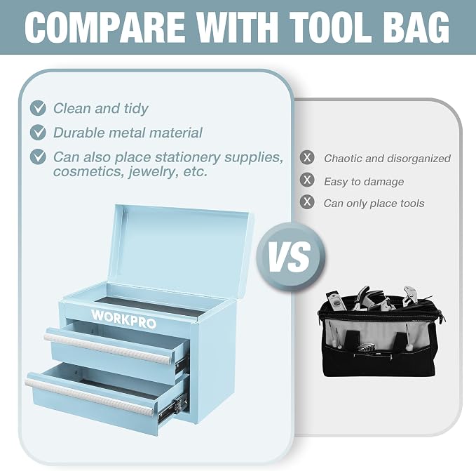 WORKPRO Metal Mini Tool Box with 2 Drawers and Top Storage | Cold Rolled Steel Toolbox, Ball Bearing Slides, PVC Drawer Liners, PP Feet Pads, Durable Storage