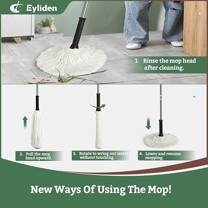 Eyliden Twist Mop - Simple, 57" Long Handle, Self-Wringing Microfiber String Mop for Floor Cleaning, Traps Dust & Pet Hair, Absorbs Spills Quickly, Safe for All Floor Types, JX-0001, White