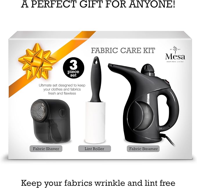 Inspired Living Fabric Care Kit – 3-Piece Garment Care Set with Handheld Steamer, Lint Roller & Fabric Shaver/Defuzzer – Portable Wrinkle Remover & Clothing Refresh Kit – Black