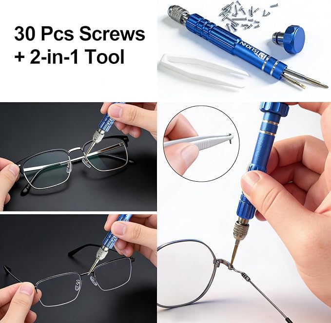 PTSLKHN Eye Glass Repairing Kit, S2 Steel Screwdriver with 15 Types of Screws, Precision Eyeglass Repair Tool Set (Blue 2in1-screws)