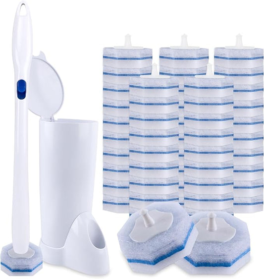 Upgraded Disposable Toilet Brush and Holder Set, 50 Toilet Wand Refills with Thickened Cleaning Layer, Won't Fall Apart, Large Opening Storage Caddy, Long Handle, for Home & Commercial Use