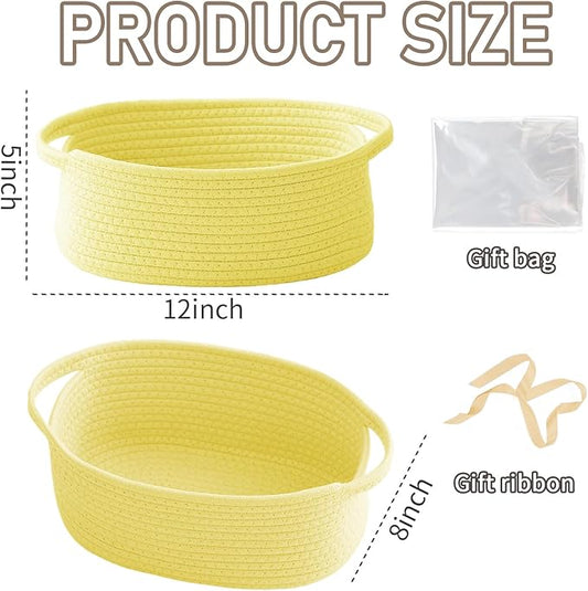 JMvicyroam Woven Basket,Small Rope Storage Bin with Handles & Ribbon Bag, Organizer for Shelves Closets,Gift Basket Empty for Birthday,Books,Dog Toys, Yellow/3 Pack