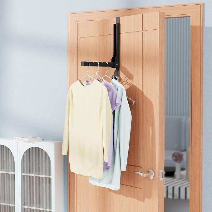 2 Pack Heavy Duty Over the Door Hooks, Compact Foldable Over the Door Hanger, Portable Compact Over Door Drying Rack for Laundry, Metal Over the Door Clothes Hanger, Rustproof & Waterproof, (Black)