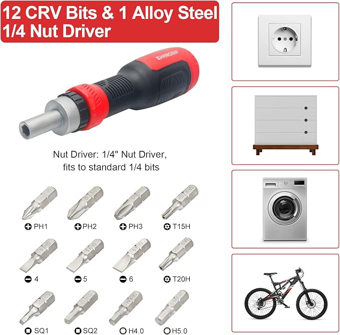 13-in-1 Ratchet Screwdriver, Multi Screwdriver Tool, Ratcheting | All in One, Torx Security, Phillips, Flat Head, Hex, Square, 1/4 Nut Driver, Outdoor, Handle, Daily Repair Portable Tools