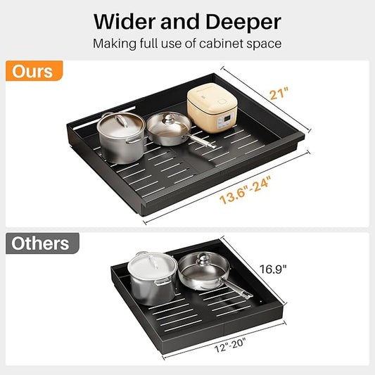Pull out Cabinet Organizer, 2-Pack Expandable(13.6"-24") Silde out Drawers with Raising Pad for Framed Cabinets, Adjustable Full-Extension Adhesive Roll out Shelves for Kitchen Pantry Home Pot and Pan