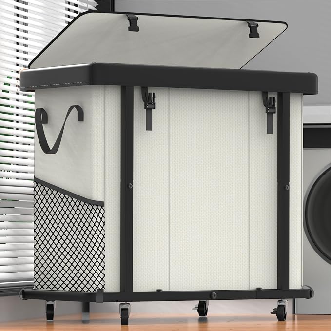 Laundry Basket with Wheels, 230L(60Gal) Laundry Sorter 3 Section - Beige | Leather Patchwork Laundry Hamper, Sturdy Metal Frame, Removable Washable Bag, Tall Clothes Sorter for Bedroom