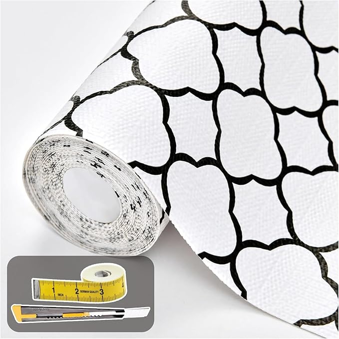Shelf Drawer Liners for Kitchen Cabinets 12 in X 20 Ft Drawer Liner | Non Adhesive Thickened Refrigerator Liner Black Quatrefoil Strong Non-Slip Paper for Tool Box with Knife and Tape Measure