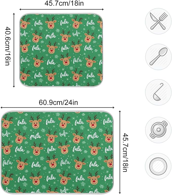 Christmas Reindeer Green Dish Drying Mat for Kitchen Countertop 18x24 Winter Snowflake Xmas Large Drying Mat Reusable Quick Dry Dish Sink Mats Easy Clean Decorative Essentials