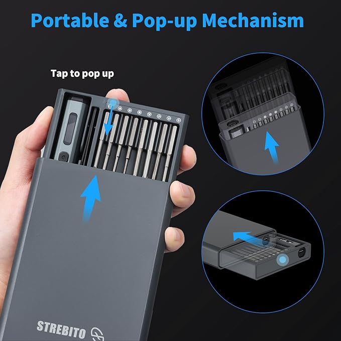 STREBITO Mini Electric Screwdriver, 70 in 1 Small electric screwdriver Set | 5 Upgraded Torque & Indicator, 64 S2 Preicison Bits, 4 LED Lights, Mini Power Screwdriver Repair Tool Kit for PC Electronic