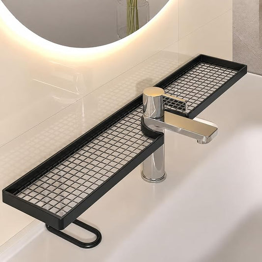 Bathroom Sink Shelf Over Faucet, Over Bathroom Sink Shelf Organizer, No-Drill Faucet Storage Rack, Behind Faucet Storage Shelf for Bathroom Counter Organization (Black, L:19.6in)