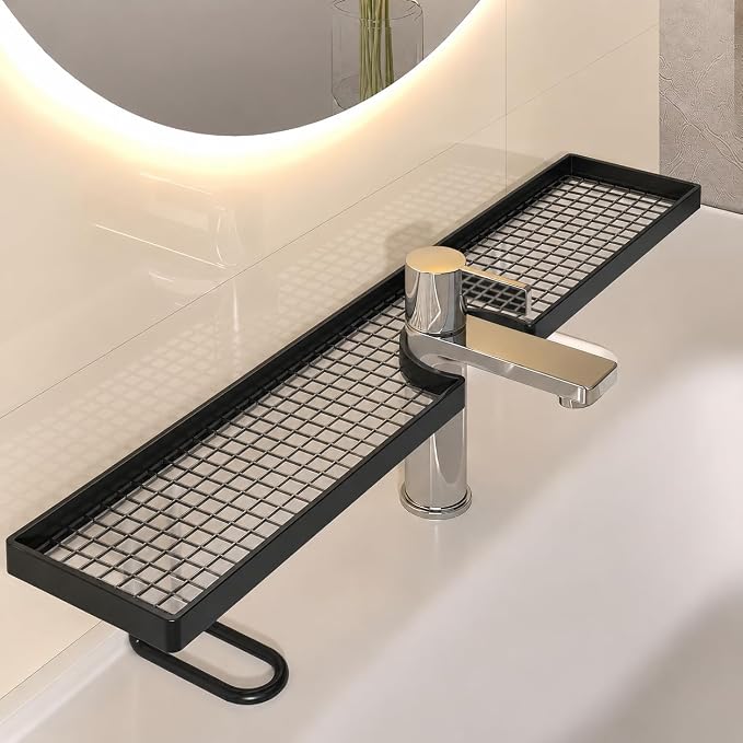 Bathroom Sink Shelf Over Faucet, Over Bathroom Sink Shelf Organizer, No-Drill Faucet Storage Rack, Behind Faucet Storage Shelf for Bathroom Counter Organization (Black, L:23.6in)