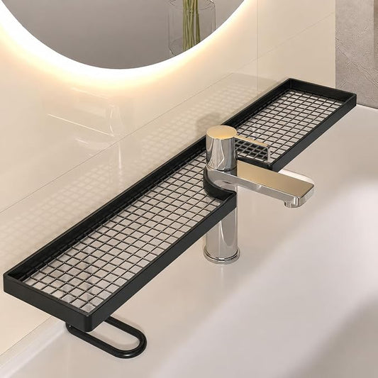 Bathroom Sink Shelf Over Faucet, Over Bathroom Sink Shelf Organizer, No-Drill Faucet Storage Rack, Behind Faucet Storage Shelf for Bathroom Counter Organization (Black, L:23.6in)