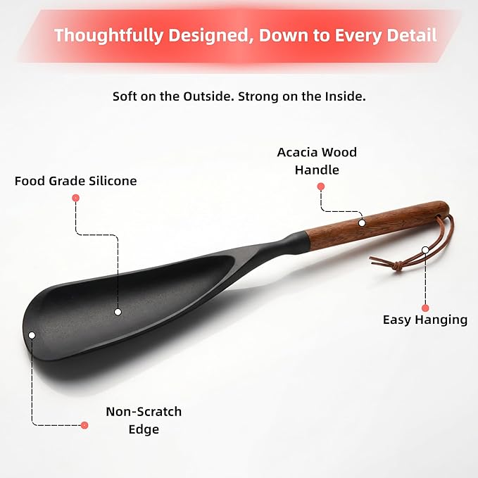 Silicone Spatula Cooking Spoon 2 Pcs with Wood Handle Great for Cooking and Serving Sturdy BPA-Free Matte Silicone Suitable for Mixing and Scrape (Black&White)