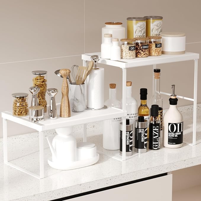 Kitchen Counter Oganizer Stackable Spice Rack for Countertop Kitchen Countertop Organizer Heavy Duty Kitchen Counter Shelf Metal Spicy Shelf for Countertop (2 Pack, White)