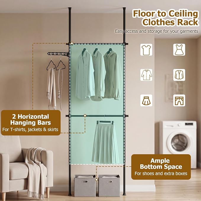 Giantex Floor to Ceiling Clothes Rack, 2 Rods Heavy Duty Garment Rack | Tension Pole Closet System w/ Folding Drying Rack, Reacher Pole, Metal Garment Organizer for Bedroom, Laundry Room, Closet