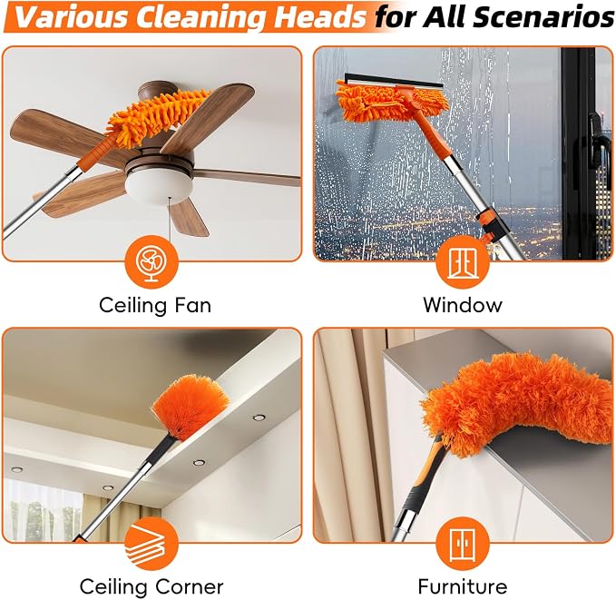 20 Foot High Dusters for Cleaning with 3-12 Foot Heavy Duty Extension Pole | High Reach Duster, Extendable Reusable Cobweb, Feather, Ceiling Fan Cleaner Duster, Window Squeegee Kit