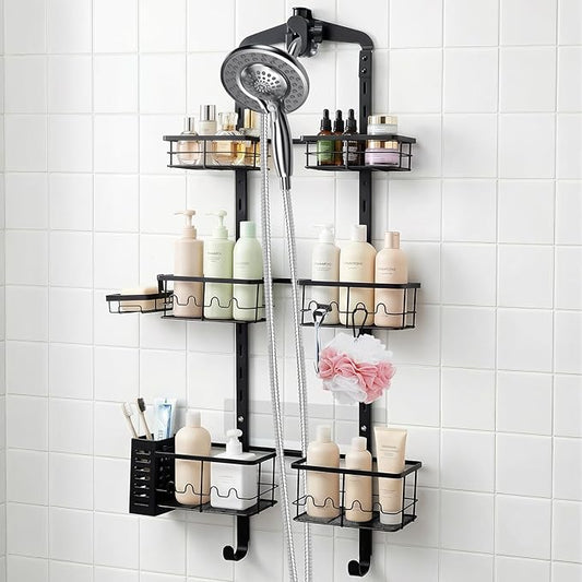 Extra Large Shower Caddy Hanging, Rust-Resistant Shower Organizer Hanging, 3 Tier Height-Adjustable Over the Head Caddy, Rack with Soap Basket (Black)