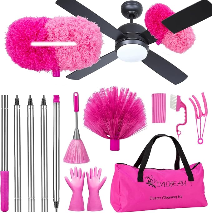 CALBEAU Ceiling Fan Cleaner Duster with 60 inch Extension Pole, Dusters for Cleaning High Ceiling Fan Blades, Dusters Kit with Storage Bag, Cleaning Tools for Families (13pcs)
