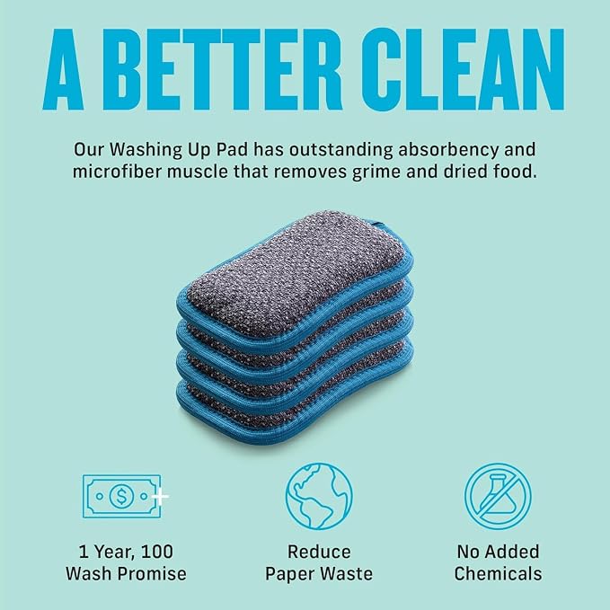 E-Cloth Washing Up Scrub Pad - Microfiber Sponge for Cleaning, Reusable Kitchen Sponge for Dishes & Sink, Non Scratch, Multi Purpose Scrubber, Machine Washable - 4 Pack
