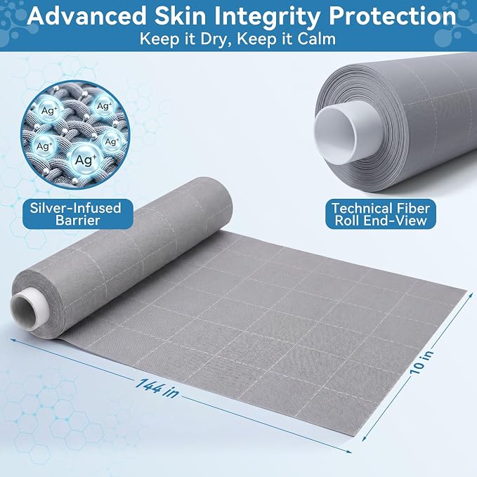Silver Infused Fabric Roll 10x144 Inch, Soft, Breathable & Non-Adherent Wound Dressing Wrap, Ideal for Wound Care, Dressings, and Skin Fold Protection, Custom-Cut
