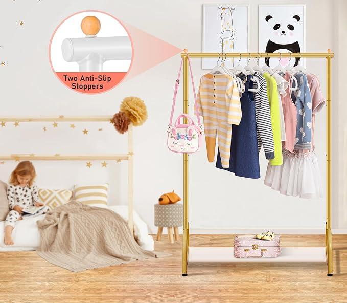 SLEEPING LAMB Baby Clothing Rack, Small Kids Clothes Rack with Bottom Storage Shelf, Child Clothes Hanger Rack for Coats, Metal Dance Costume Garment Rack for Hanging Clothes, Gold