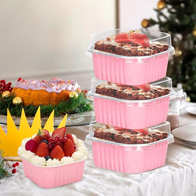 100Pack 5oz Pink Mini Cake Pans with Lids, Spoons and Stickers Baking Cups Aluminum Foil Pans Tins, Individual Dessert Cups Containers for Sales,Party,Picnics