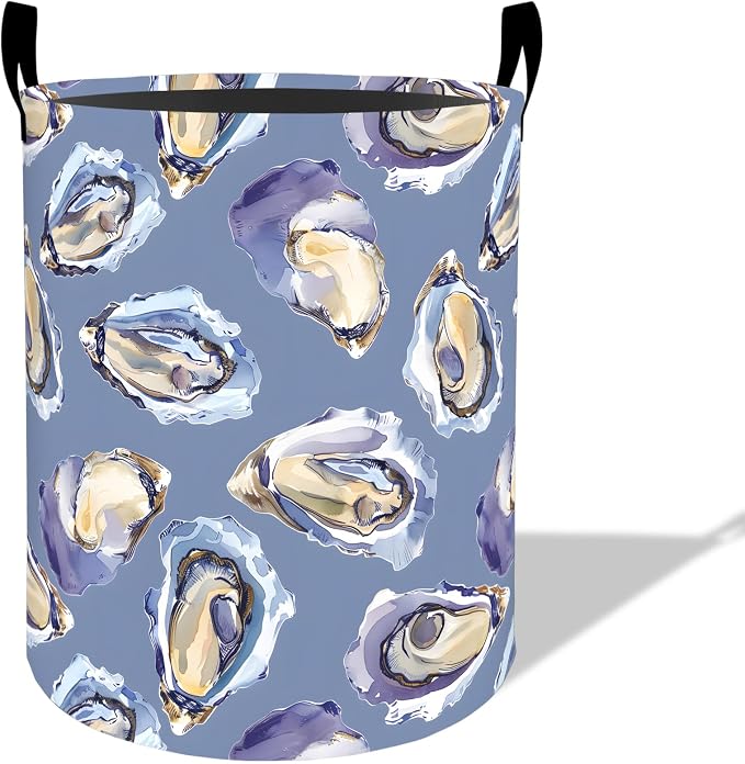 Oyster Shell Laundry Basket Hamper 19.7"x15.8", Organizer Bins Gifts for Kids Boys Girls, Coastal Sea Life Foldable Waterproof Oxford Clothes Storage Bucket for Bedroom Bathroom Decor