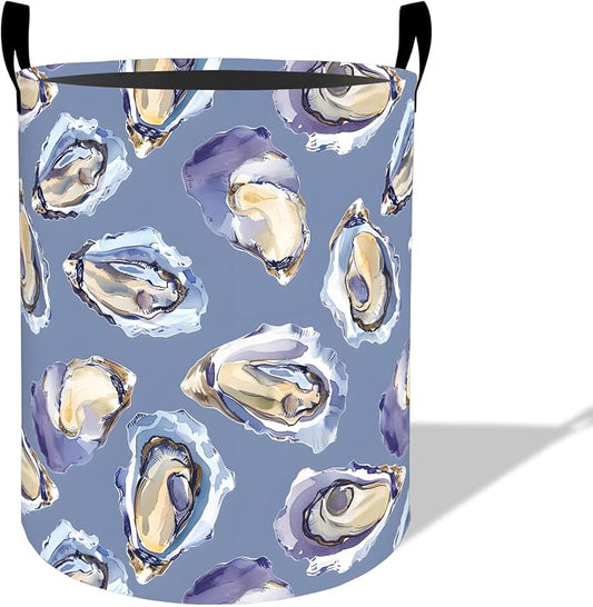 Oyster Shell Laundry Basket Hamper 19.7"x15.8", Organizer Bins Gifts for Kids Boys Girls, Coastal Sea Life Foldable Waterproof Oxford Clothes Storage Bucket for Bedroom Bathroom Decor