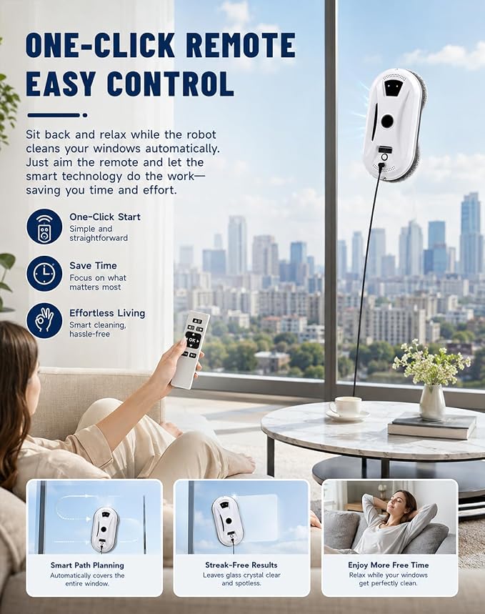 Window Cleaning Robot, Robot Window Cleaner with AI Intelligent Positioning & Edge Detection & Powerful Suction, Anti-Drop Safety for High-Rise Glass & Large Bay Windows
