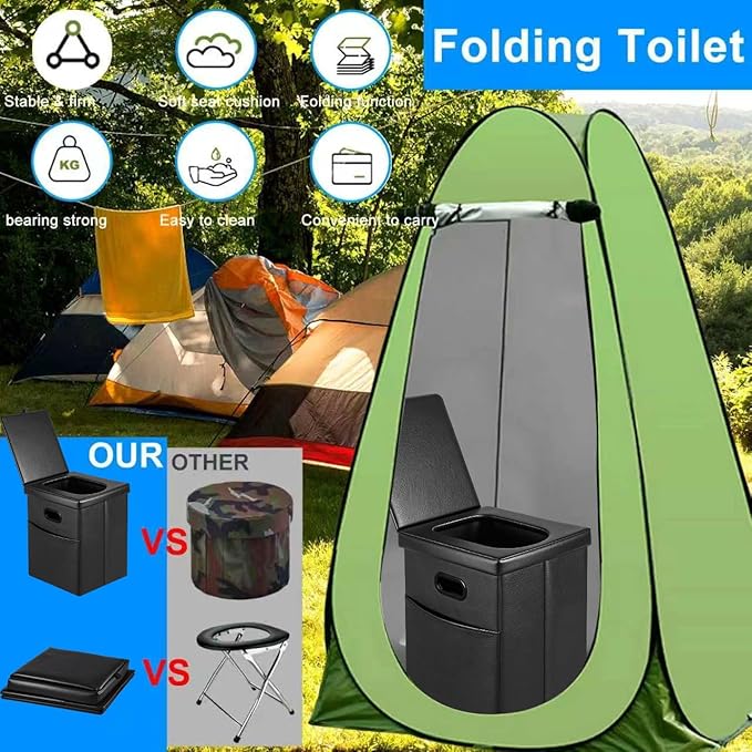 Portable Toilet Kit with Pop-Up Privacy Tent, All-in-One Outdoor Bathroom & Changing Room with Camping Toilet Seat, Waste Bags, LED Light for Camping, RV, Road Trip (Toilet with Green Tent)