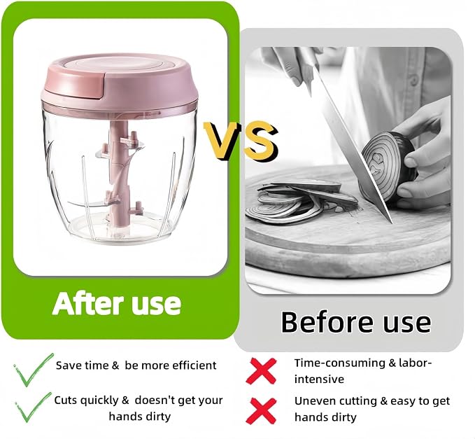 Manual Food Processor, Garlic Mincer Hand Cutter, Vegetable Chopper for Kitchen Gadgets, Hand Pull String onion chopper for Veggies, Ginger, Fruits, Nuts, Herbs, etc, 1000ML (pink)