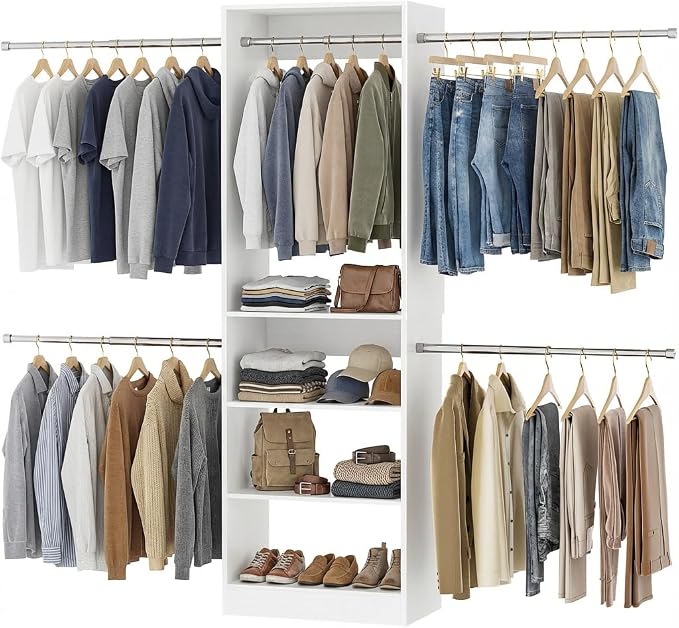 Homieasy Closet System, 4.5-11.5 Ft Expandable Closet Organizer with 5 Hanging Rods, Walk-in Wood Closet Organizer System with Storage Tower, Heavy Duty Garment Rack Wardrobe for Bedroom, White